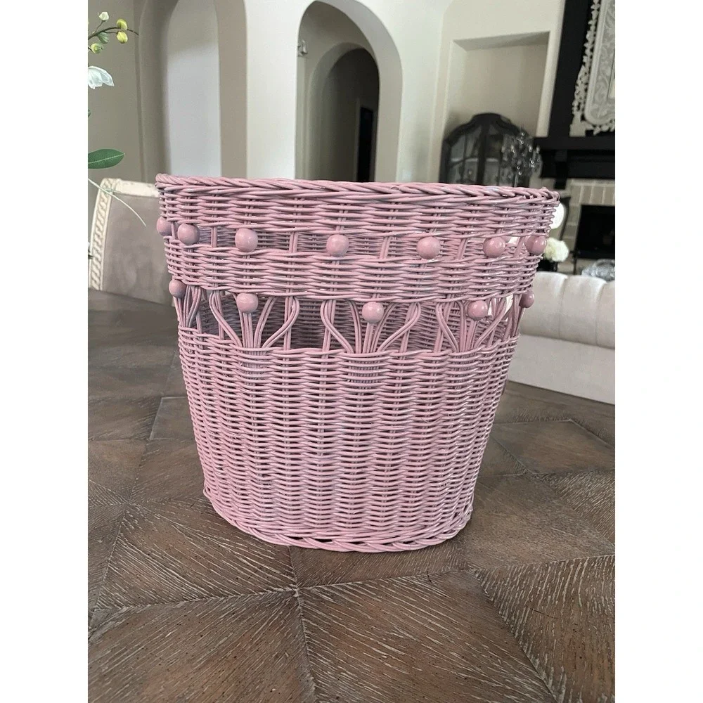 Vintage  Pink Beaded Wicker Rattan Woven Waste Basket Trash Can Bin